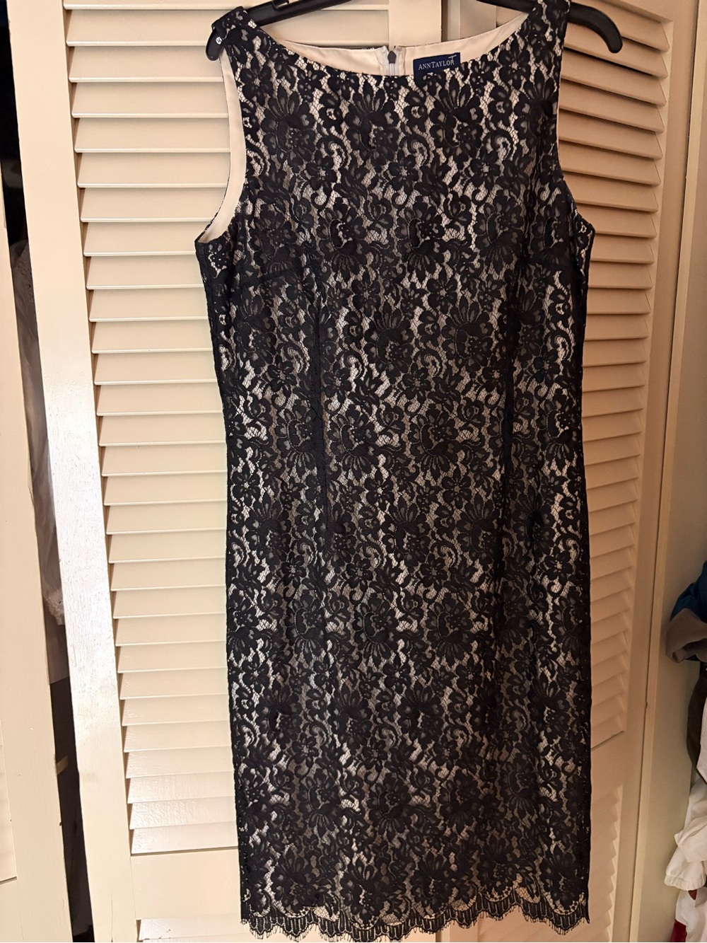 Ann Taylor Black Lace Overlay Sheath with Nude Underlay